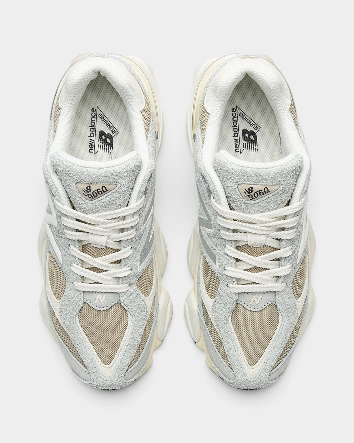 Lockwood Avenue New Balance 9060 sneakers in Lone Star Grey and Stoneware with mesh, suede, and synthetic overlays.
