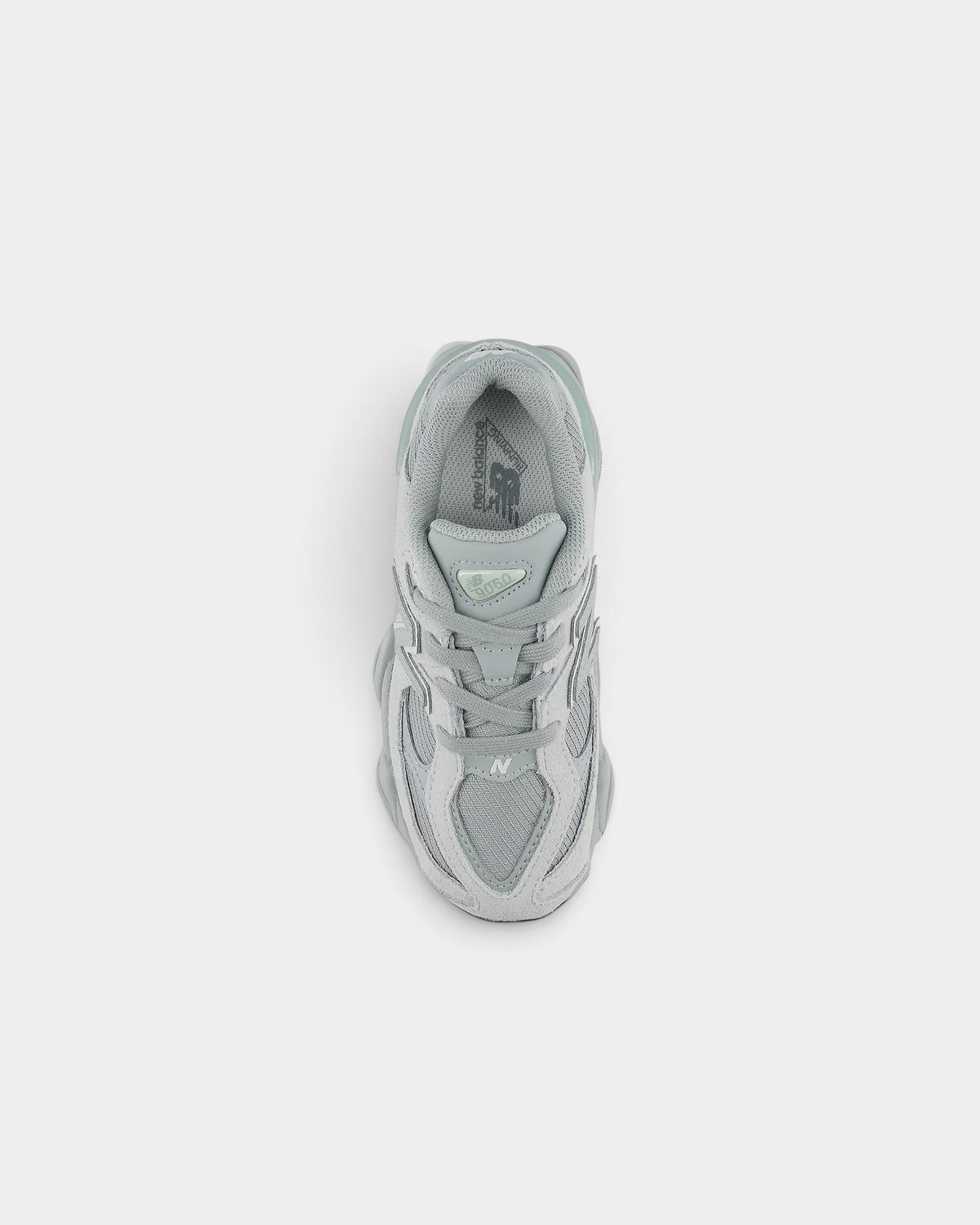 Lockwood Avenue New Balance 9060 kids shoes in grey suede and mesh with ABZORB cushioning, top-down view.