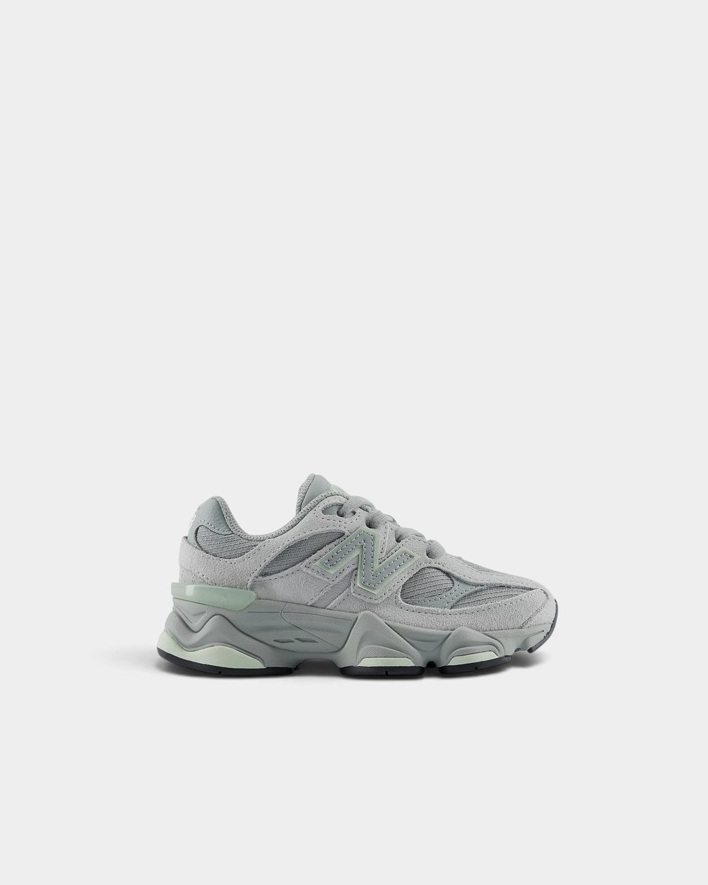 Lockwood Avenue New Balance 9060 kids sneakers in grey suede and mesh with chunky ABZORB cushioning