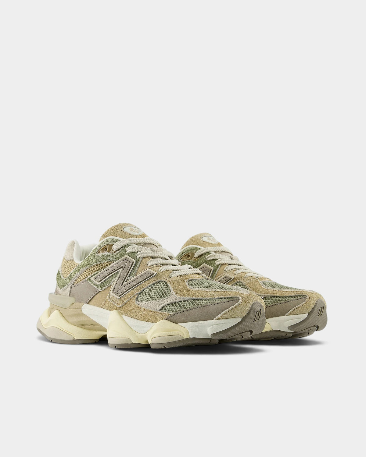 Lockwood Avenue New Balance 9060 sneakers in olivine green mesh and beige suede with a sculpted pod midsole