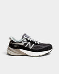 Lockwood Avenue New Balance 990v6 women's running shoes in black and white with mesh and pigskin suede overlays.