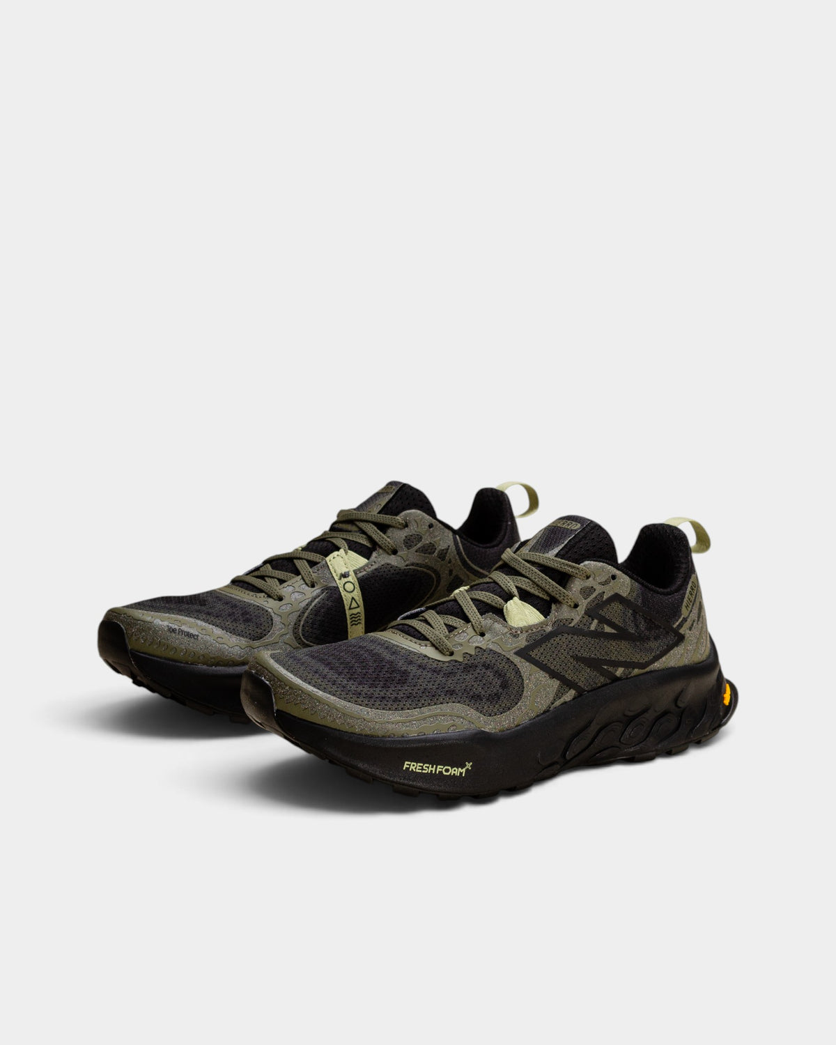 Lockwood Avenue New Balance Fresh Foam X Hierro v8 trail running shoes in olive green with a rugged Vibram outsole.