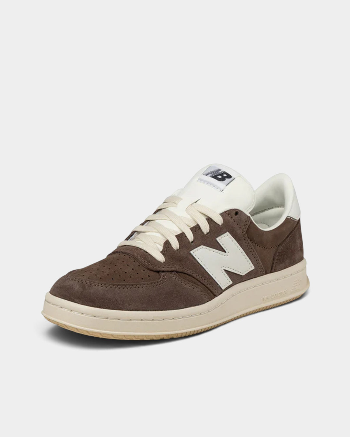 Lockwood Avenue New Balance T500 brown pigskin suede and nubuck tennis sneakers with gum sole and perforated toebox.