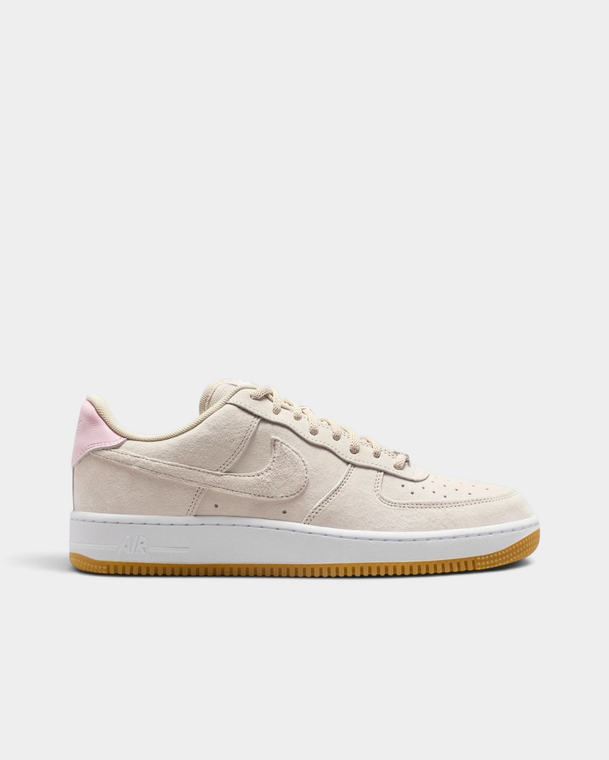 Lockwood Avenue Nike SB Air Force 1 low-top skate shoes in Light Orewood Brown suede with Pink Foam heel accents.