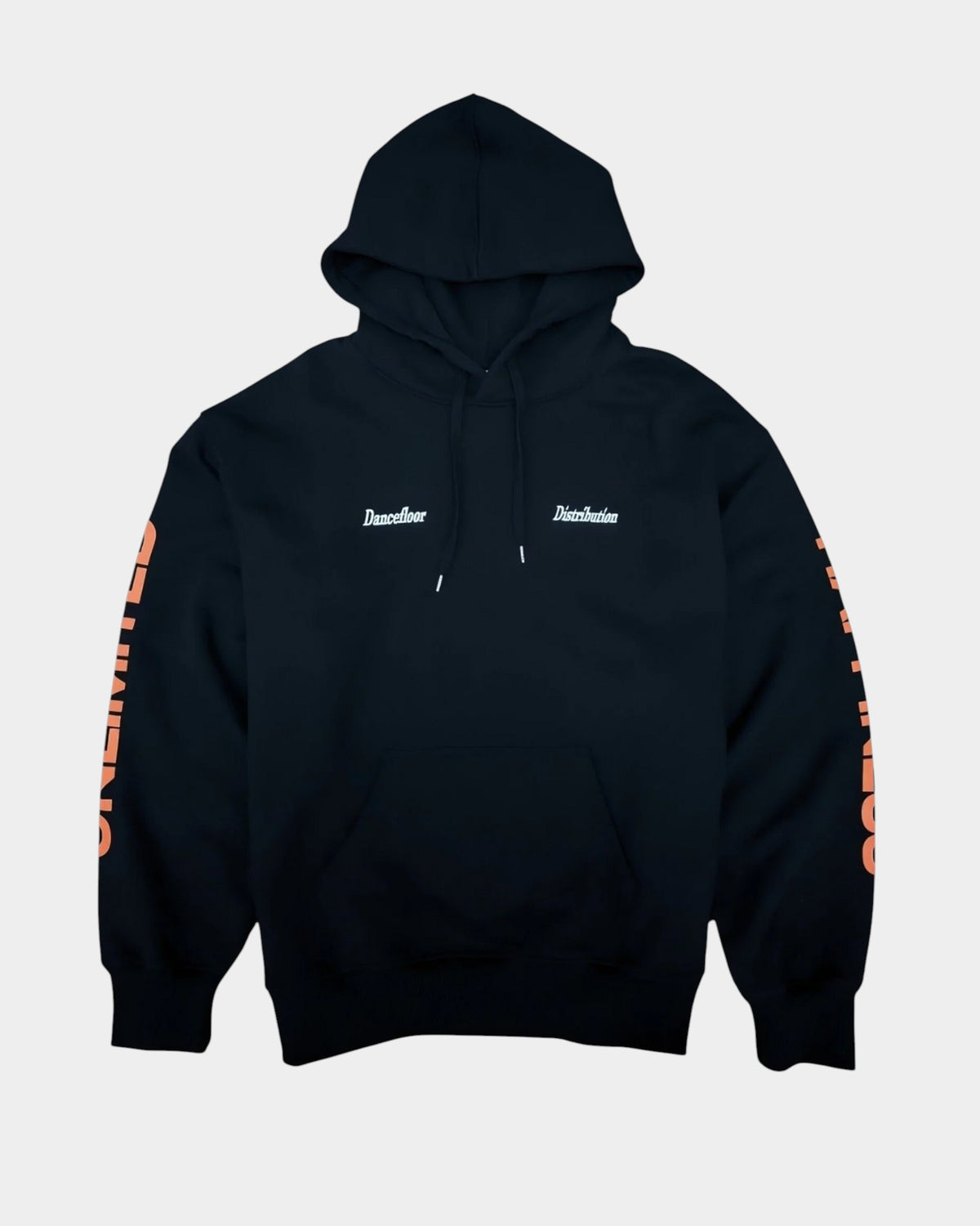 Lockwood Avenue Nowadays Magazine black pullover hoodie with white chest text and orange sleeve graphics