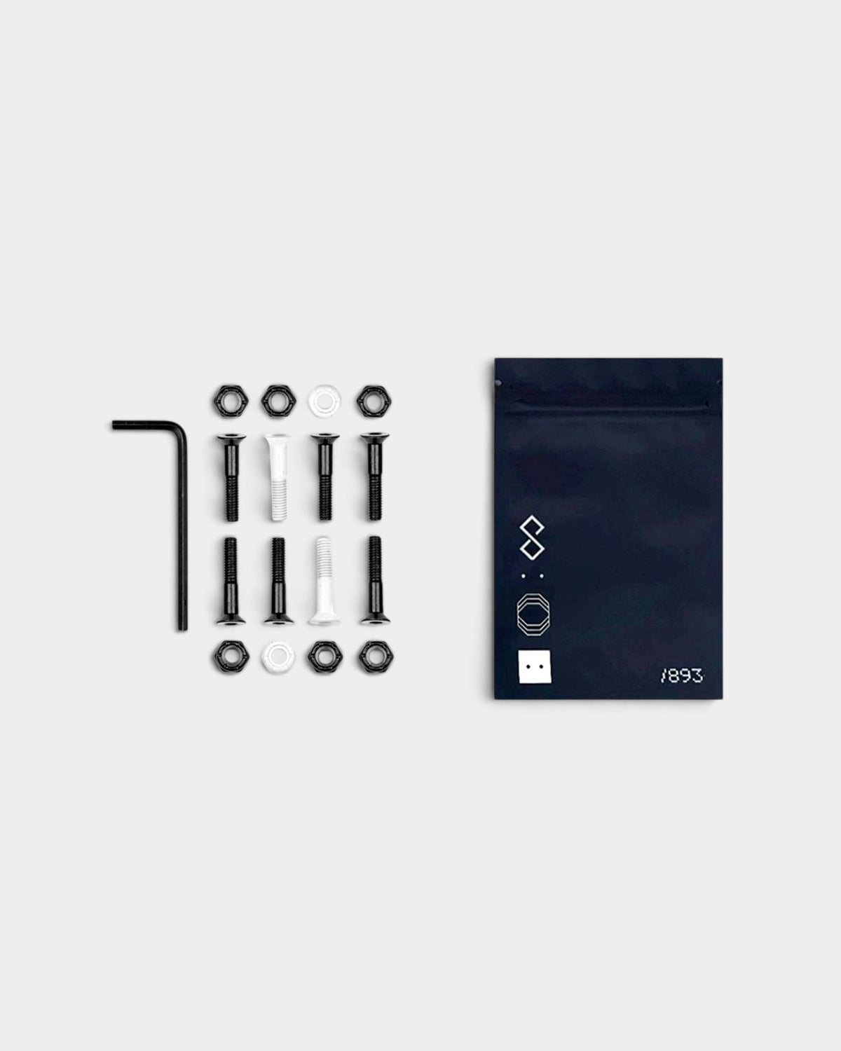 Lockwood Avenue Octagon black skateboard mounting hardware kit with bolts, locknuts, and hex key in branded packaging.
