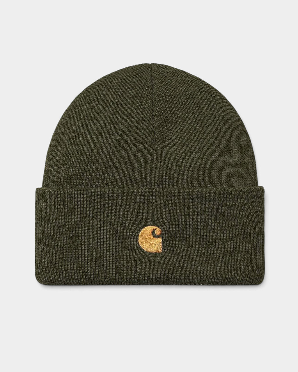 Lockwood Avenue Carhartt Chase beanie in olive green acrylic rib knit with a gold embroidered C logo on the cuff.