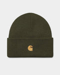 Lockwood Avenue Carhartt Chase beanie in olive green acrylic rib knit with a gold embroidered C logo on the cuff.