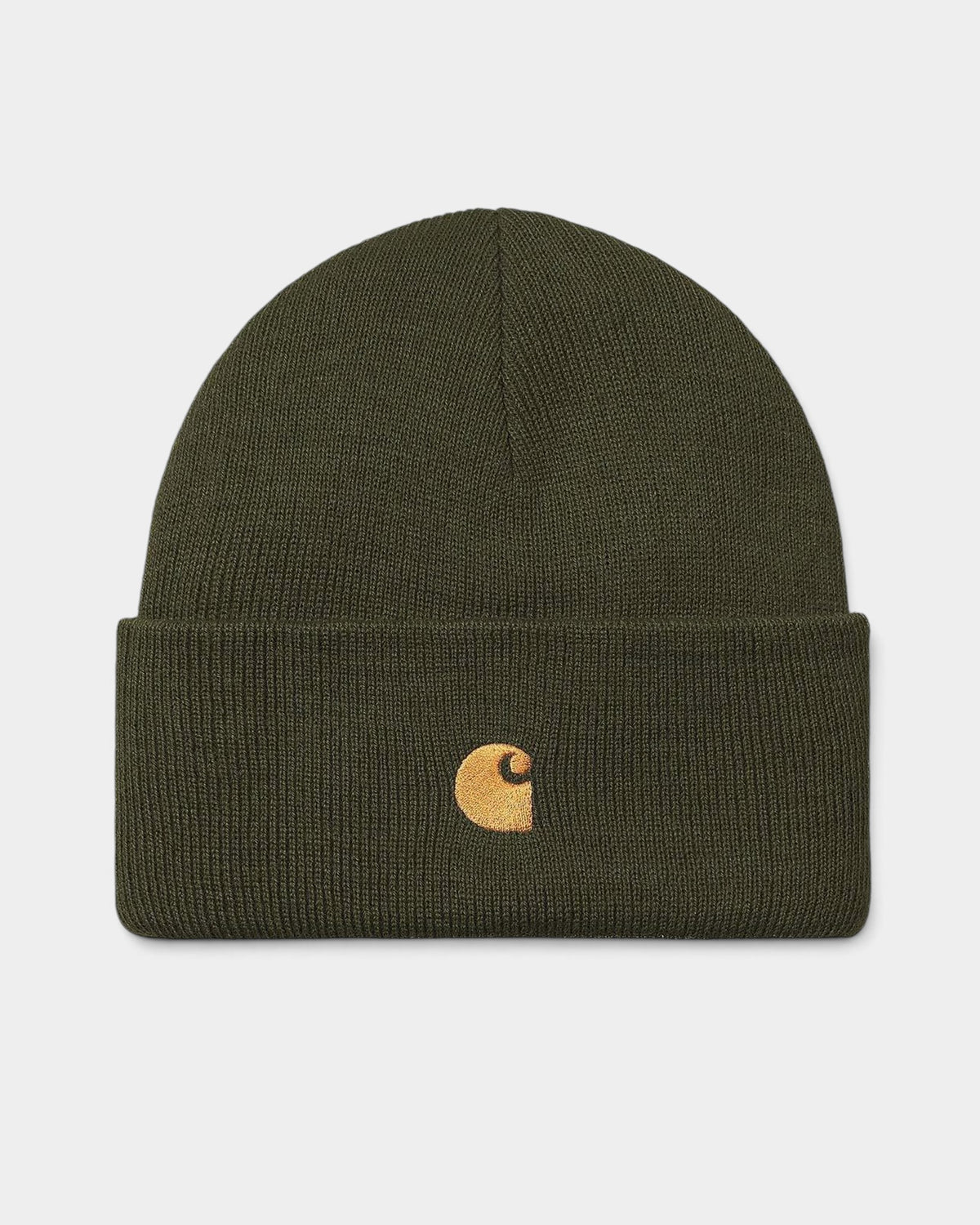 Lockwood Avenue Carhartt Chase beanie in olive green acrylic rib knit with a gold embroidered C logo on the cuff.