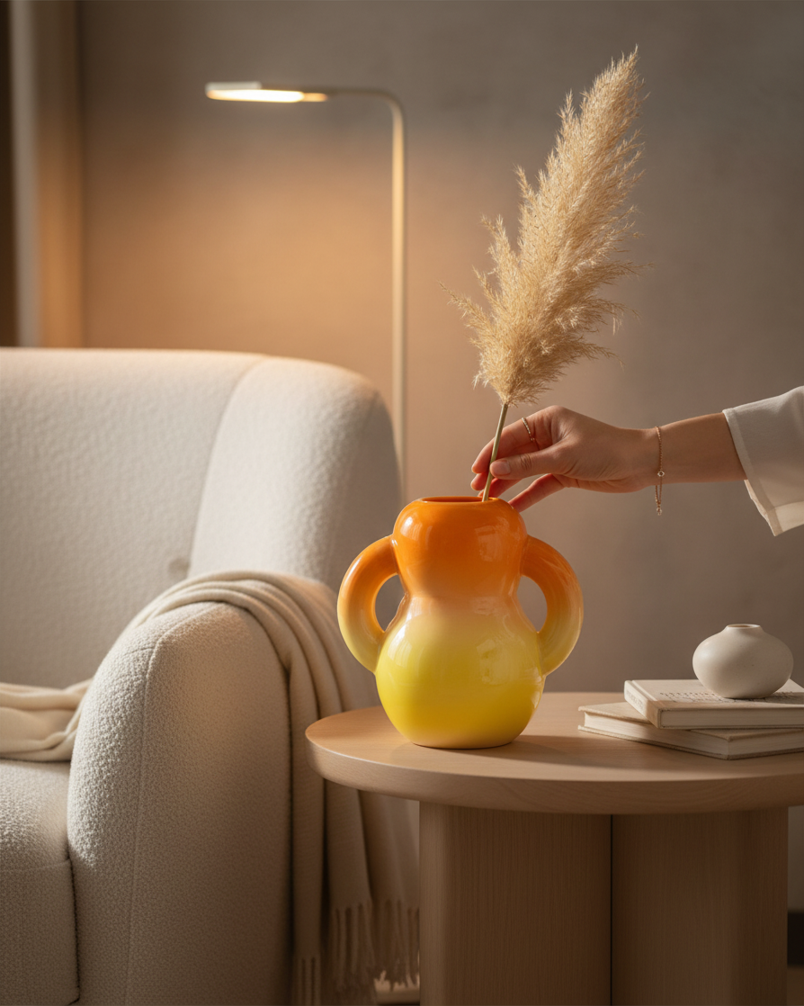 Lockwood Avenue Home Studyo OSCAR ceramic vase with a hand-sprayed orange to yellow ombre finish on a wooden table.