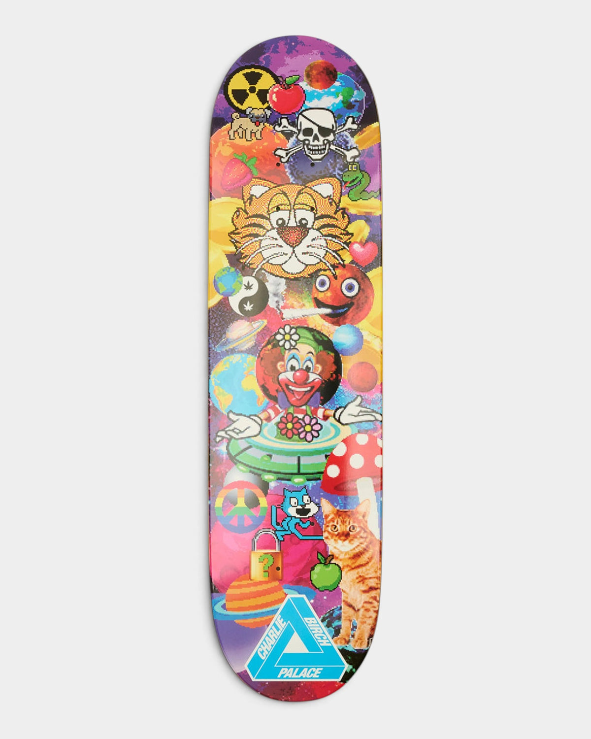 Lockwood Avenue Palace Charlie Birch pro skateboard deck featuring colorful pixel art graphics on 7-ply maple wood.
