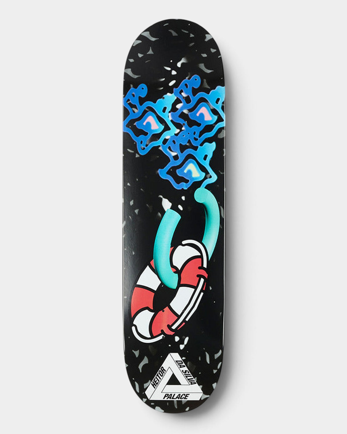 Lockwood Avenue Palace Heitor Da Silva pro skateboard deck with black background and colorful lifebuoy graphic