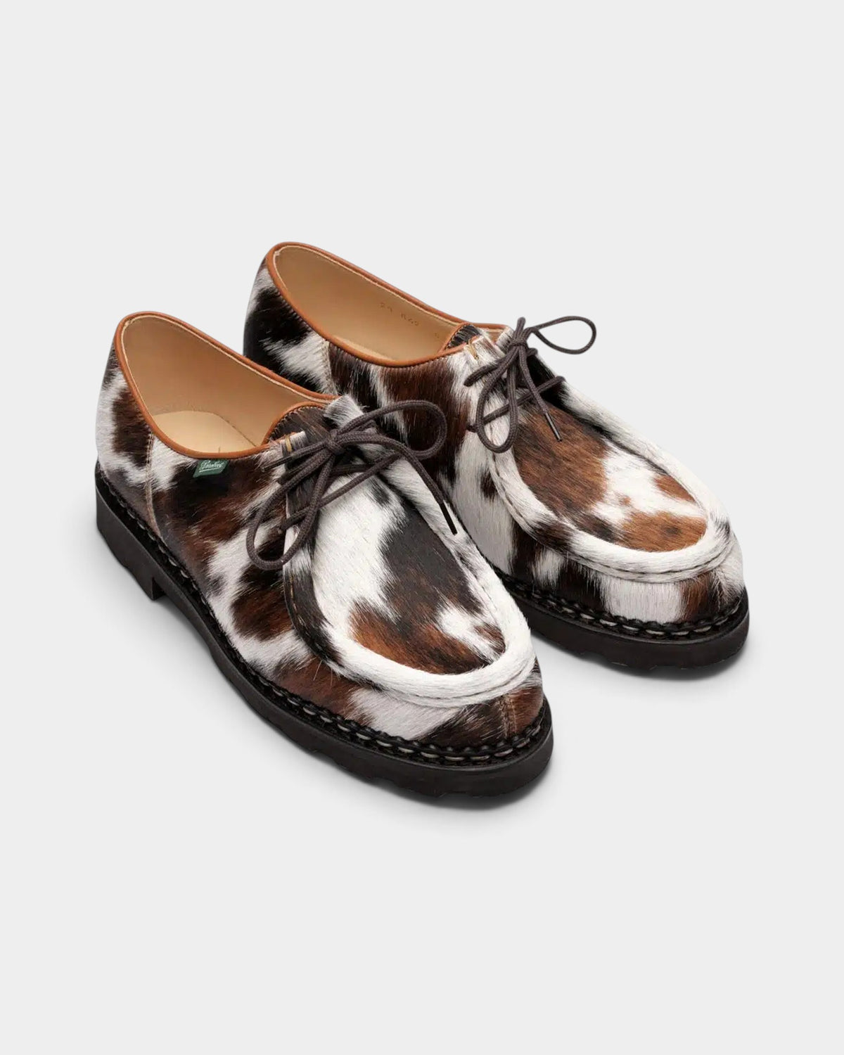 Lockwood Avenue Paraboot Michael moc-toe derby shoes in unique brown and white hair-on cowhide with rubber sole