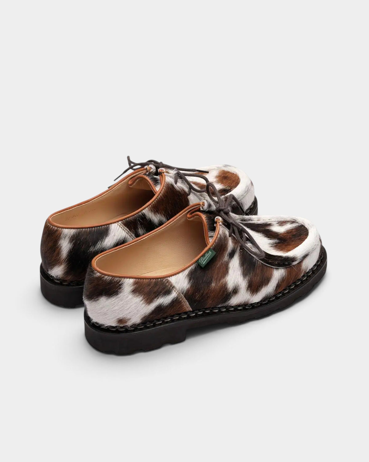 Lockwood Avenue Paraboot Michael moc-toe derby shoes in unique brown and white hair-on cowhide with rubber sole