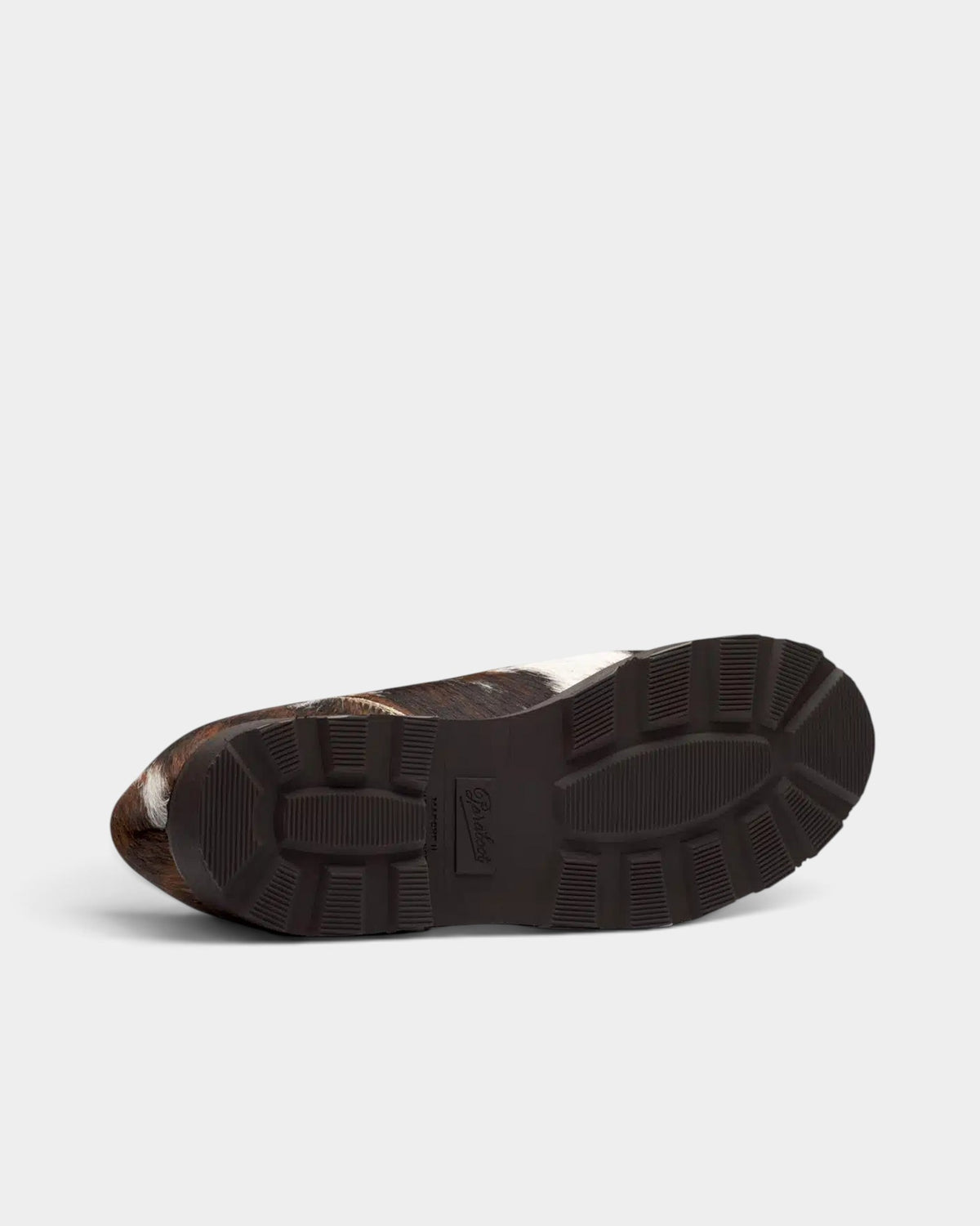 Lockwood Avenue Paraboot Michael derby shoe in unique brown and white hair-on cowhide with a durable rubber sole.