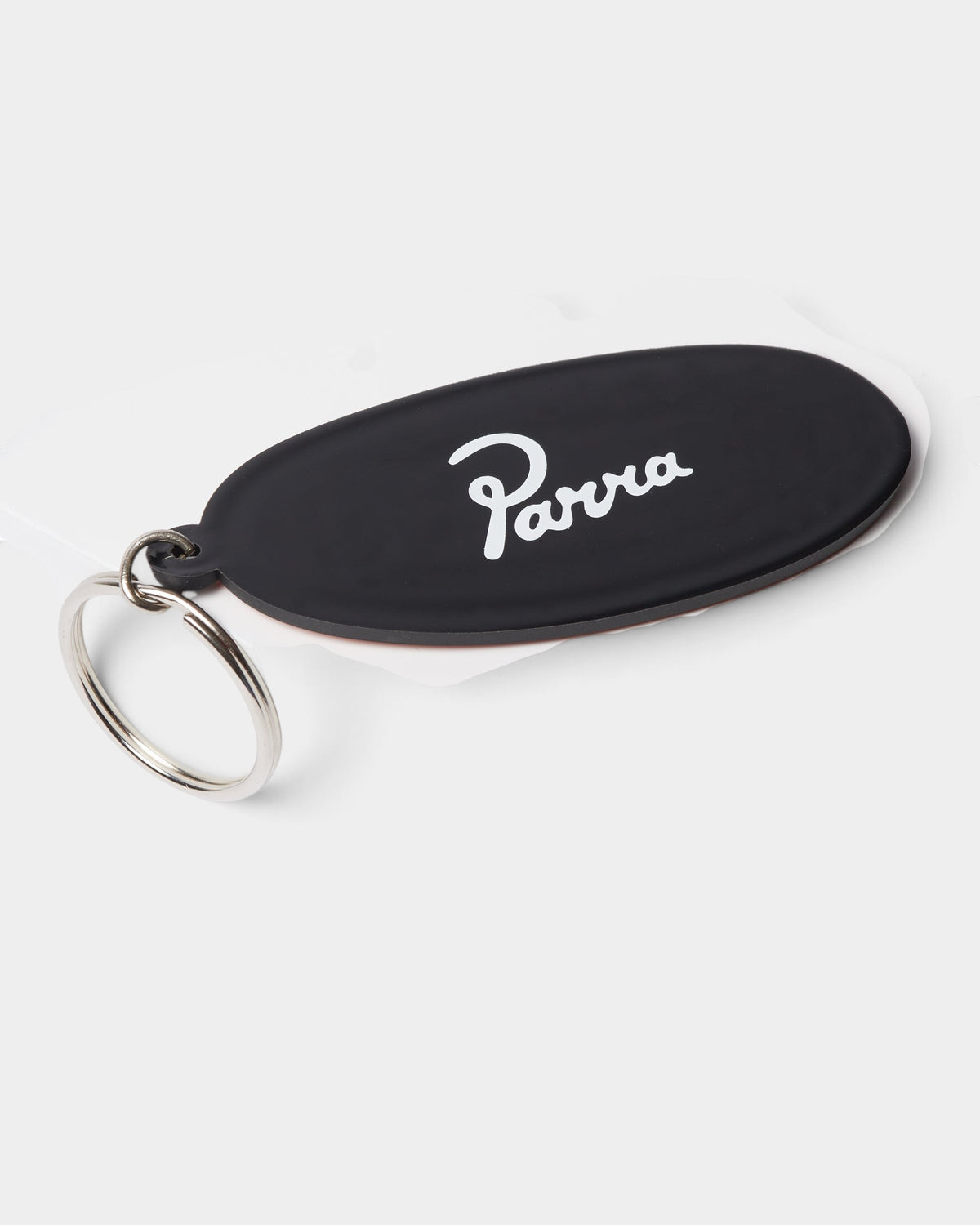 Lockwood Avenue by Parra black PVC keychain with white logo text and metal ring