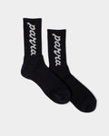 Lockwood Avenue by Parra black crew socks with white lowercase script logo woven on the side, made in Japan.