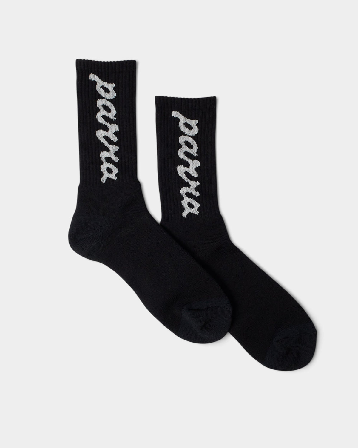 Lockwood Avenue by Parra black crew socks with white lowercase script logo woven on the side, made in Japan.