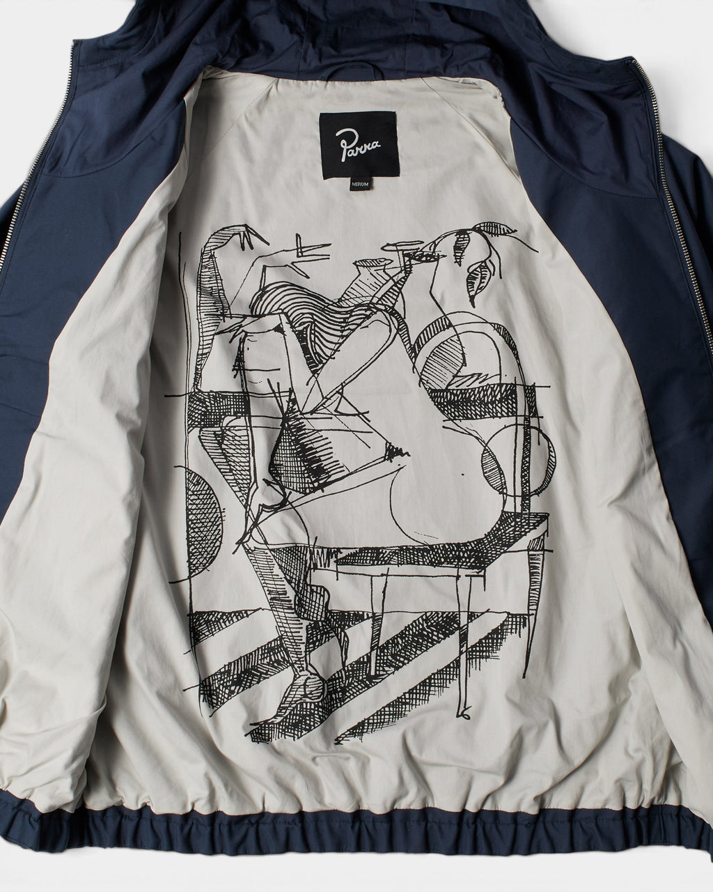 Lockwood Avenue by Parra navy cotton shell jacket with a beige interior lining featuring a custom black line art print