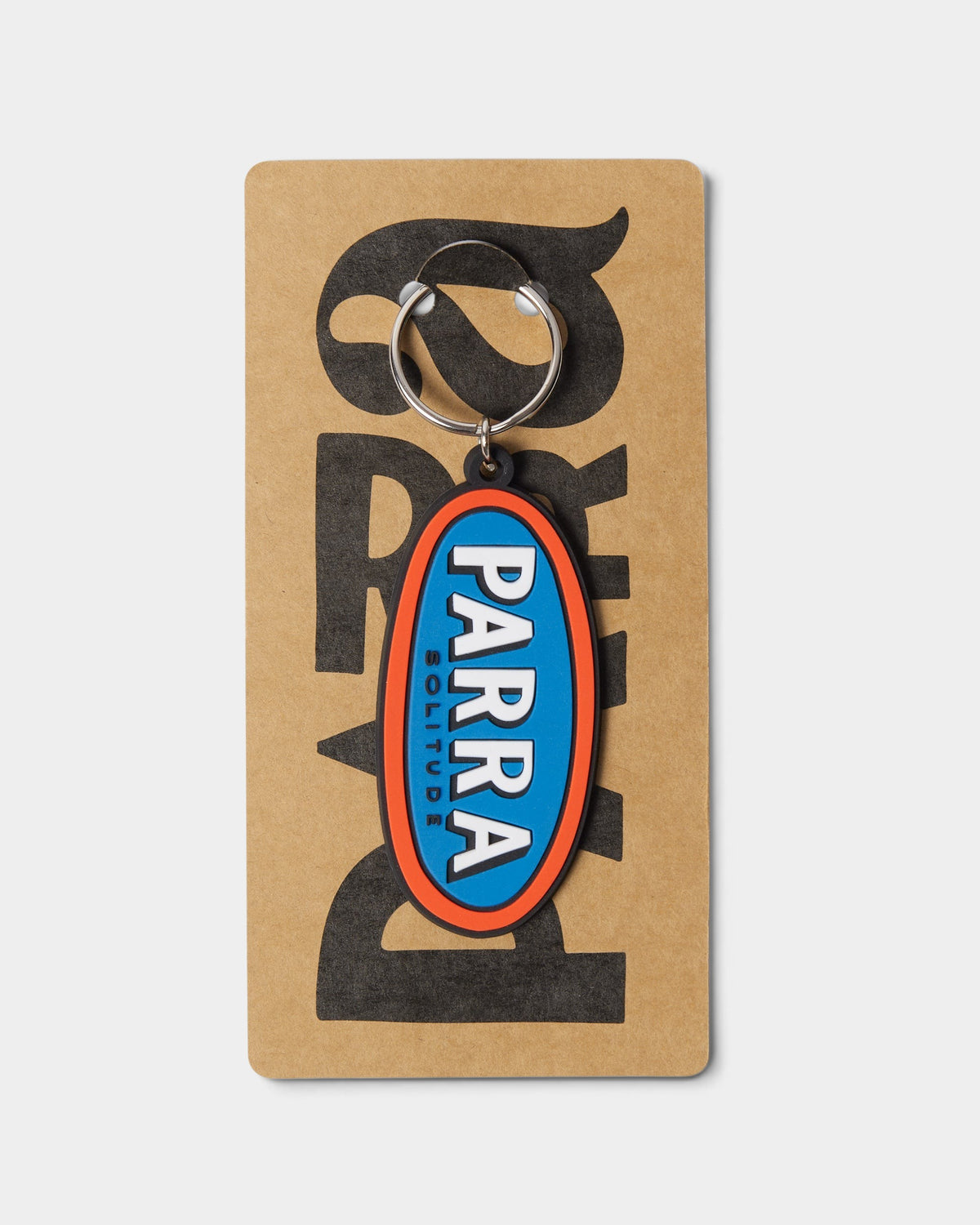 Lockwood Avenue by Parra Lonely PVC keychain with blue and orange oval design and metal ring on branded backing card