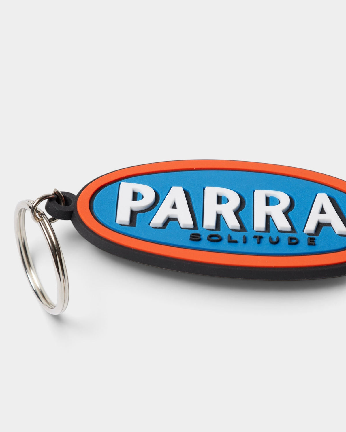 Lockwood Avenue by Parra Lonely PVC keychain with blue, orange, and white logo design and metal ring