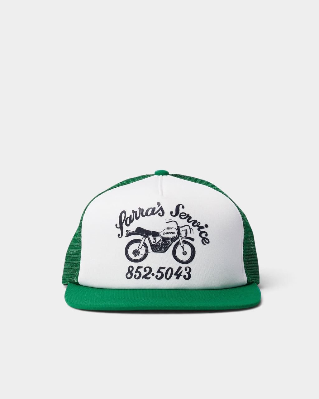 Lockwood Avenue by Parra Moto Service 5-panel trucker hat in white and green with graphic print and mesh back