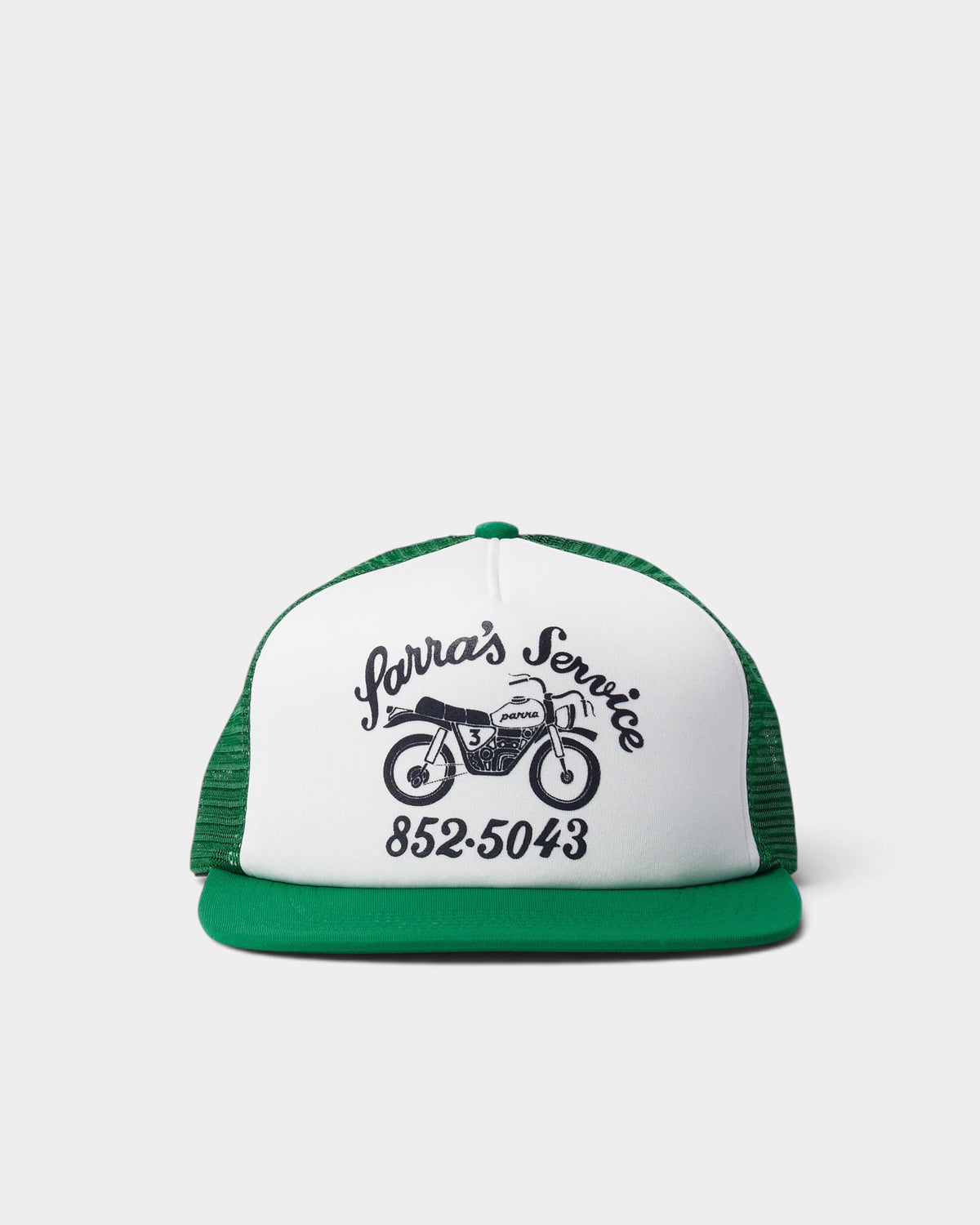 Lockwood Avenue by Parra Moto Service 5-panel trucker hat in white and green with graphic print and mesh back