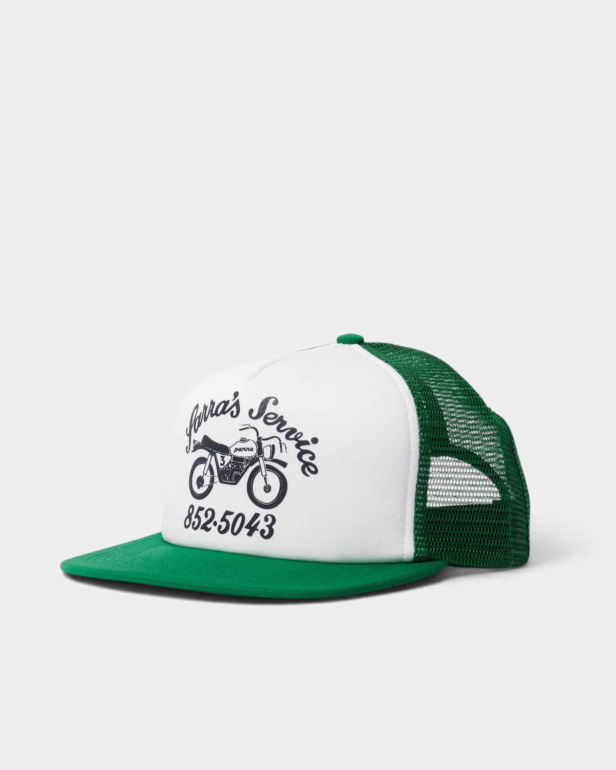 Lockwood Avenue by Parra Moto Service 5-panel trucker hat with white foam front, green mesh back, and snapback closure.