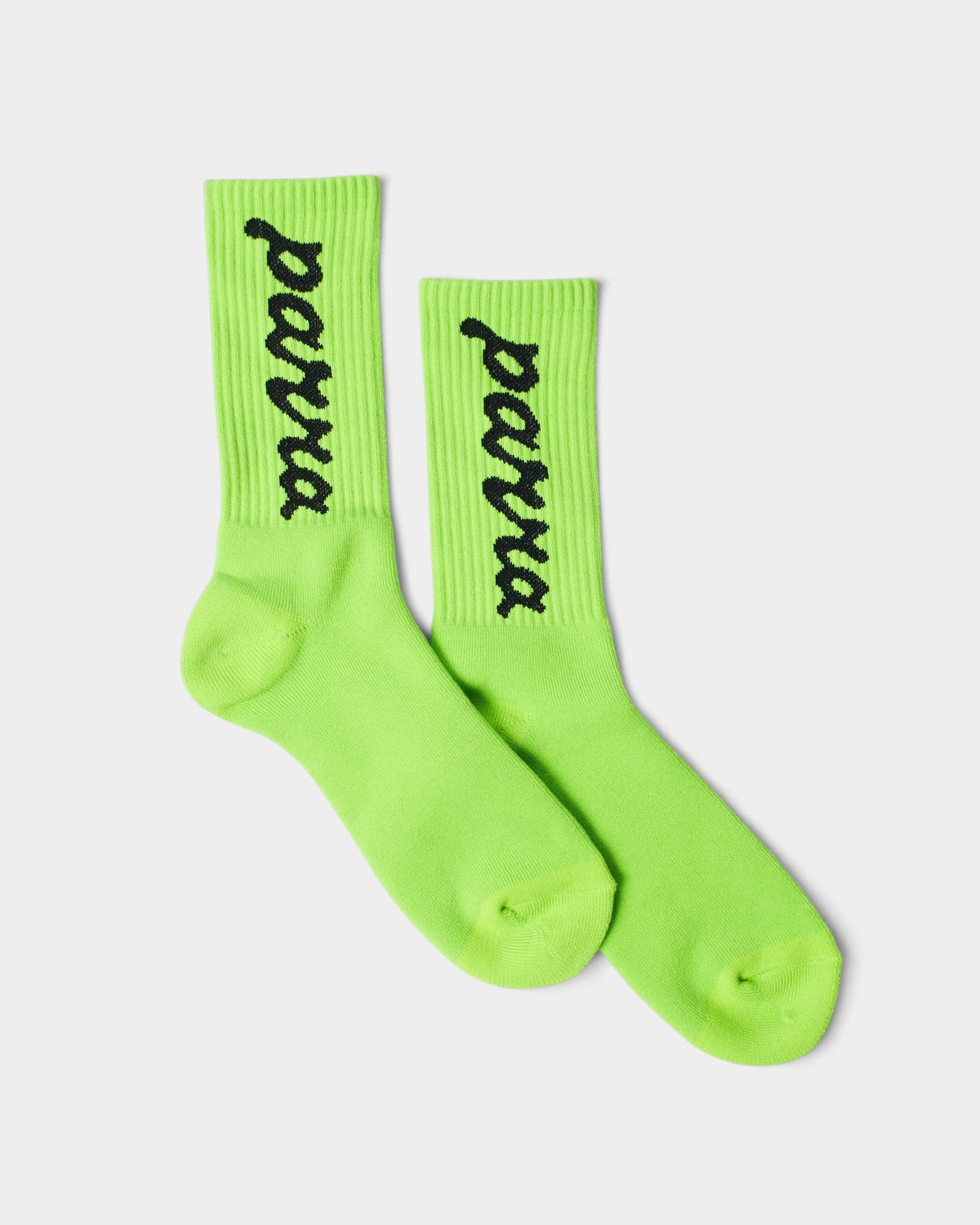 Lockwood Avenue by Parra neon green crew socks with black lowercase script logo woven on the sides, made in Japan.