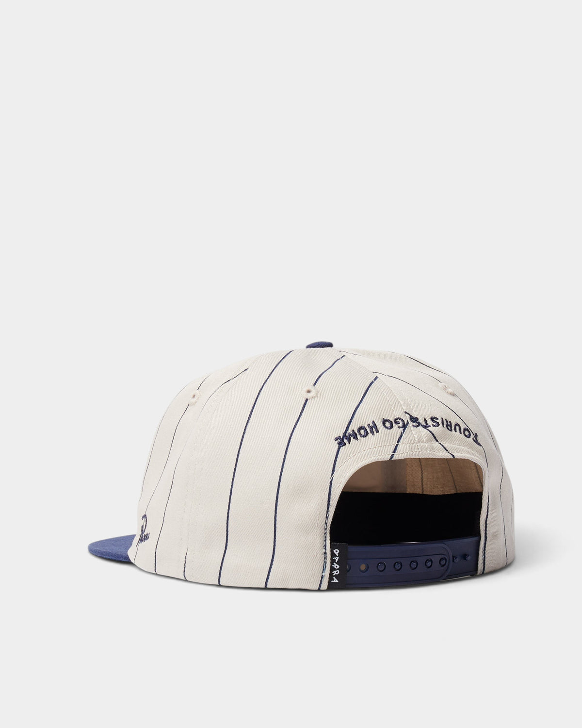 Lockwood Avenue by Parra Earl Face 6 panel hat in cream pin-striped twill with navy snapback and back embroidery