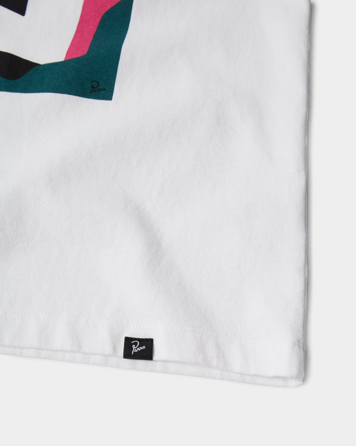 Lockwood Avenue by Parra No Vacation white heavyweight cotton t-shirt with screen printed graphic and hem label