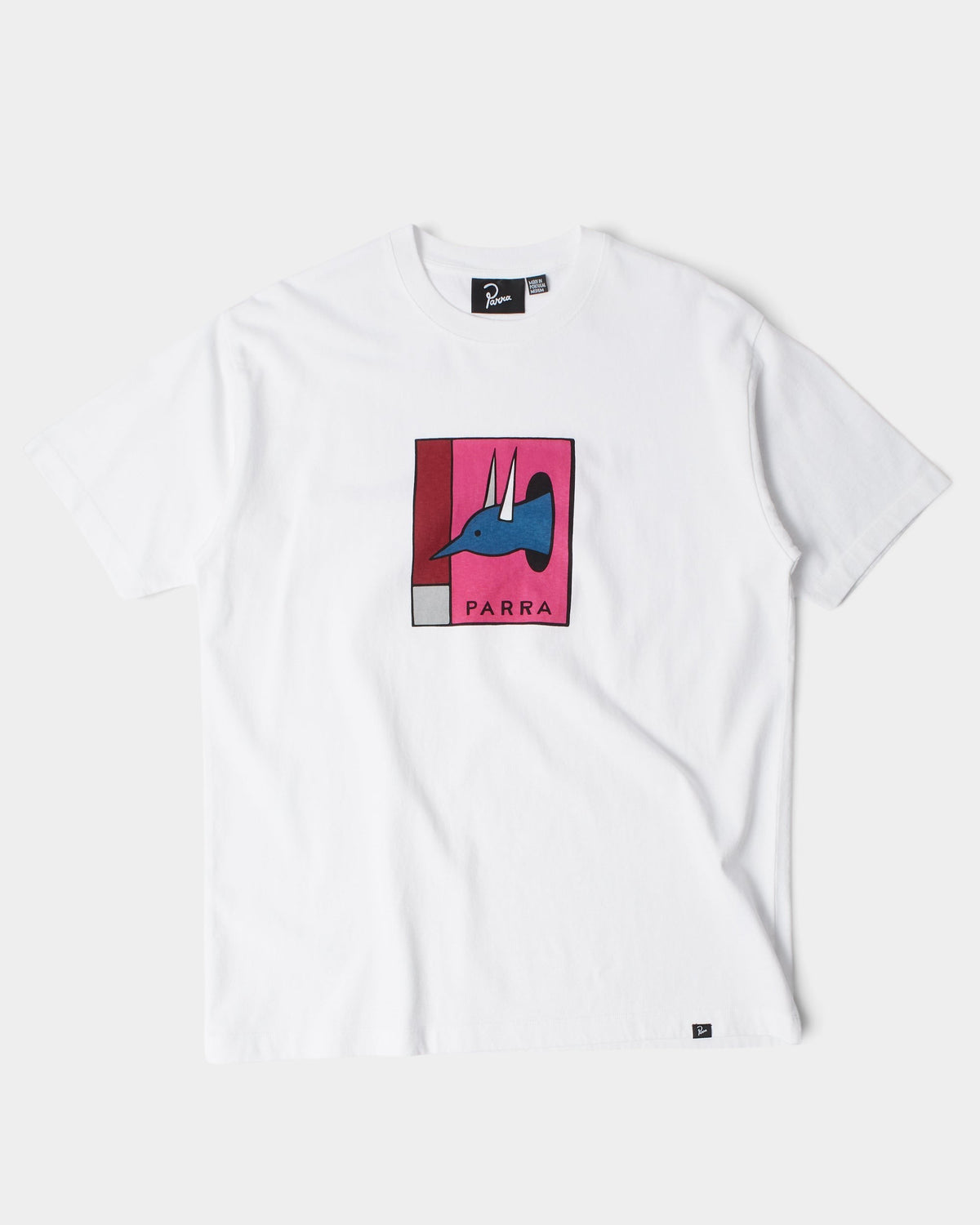 Lockwood Avenue by Parra The Hunted white heavyweight cotton t-shirt with a colorful graphic print on the chest