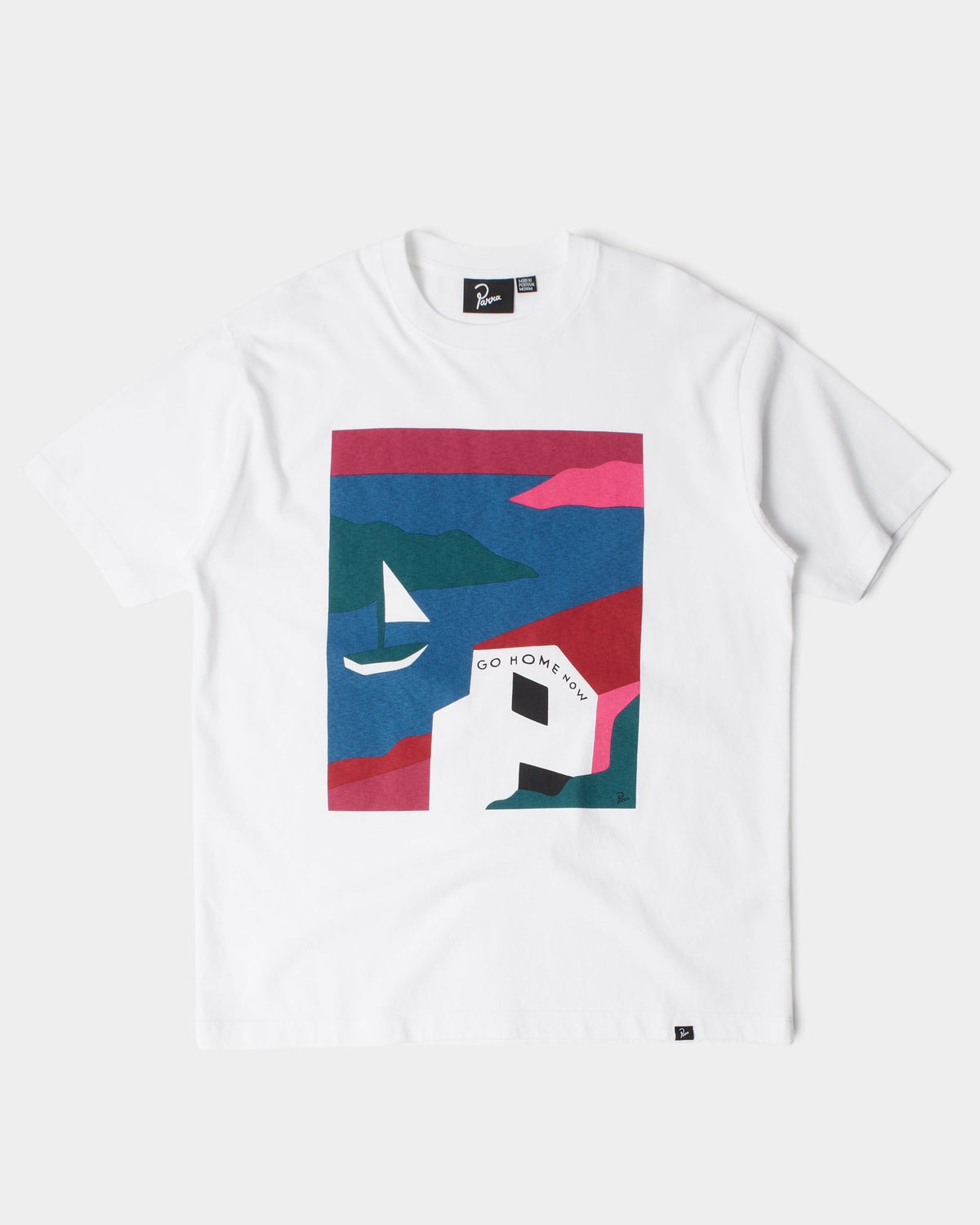 Lockwood Avenue by Parra white heavyweight cotton t-shirt featuring a colorful No Vacation graphic print on the chest.