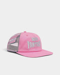 Lockwood Avenue pink Sci-Fi Fantasy trucker cap with embroidered biker logo, cotton twill front, and flame mesh back