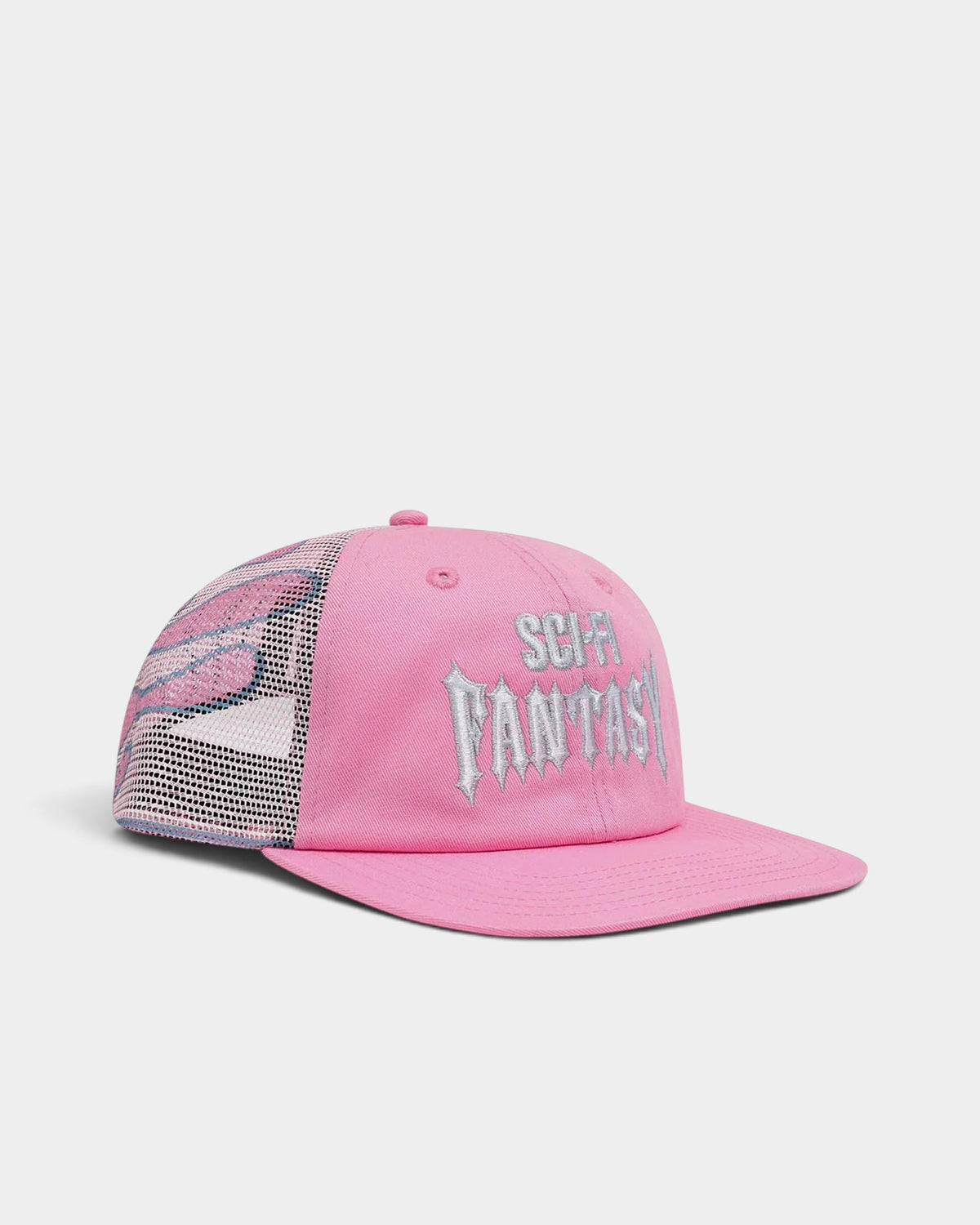 Lockwood Avenue pink Sci-Fi Fantasy trucker cap with embroidered biker logo, cotton twill front, and flame mesh back