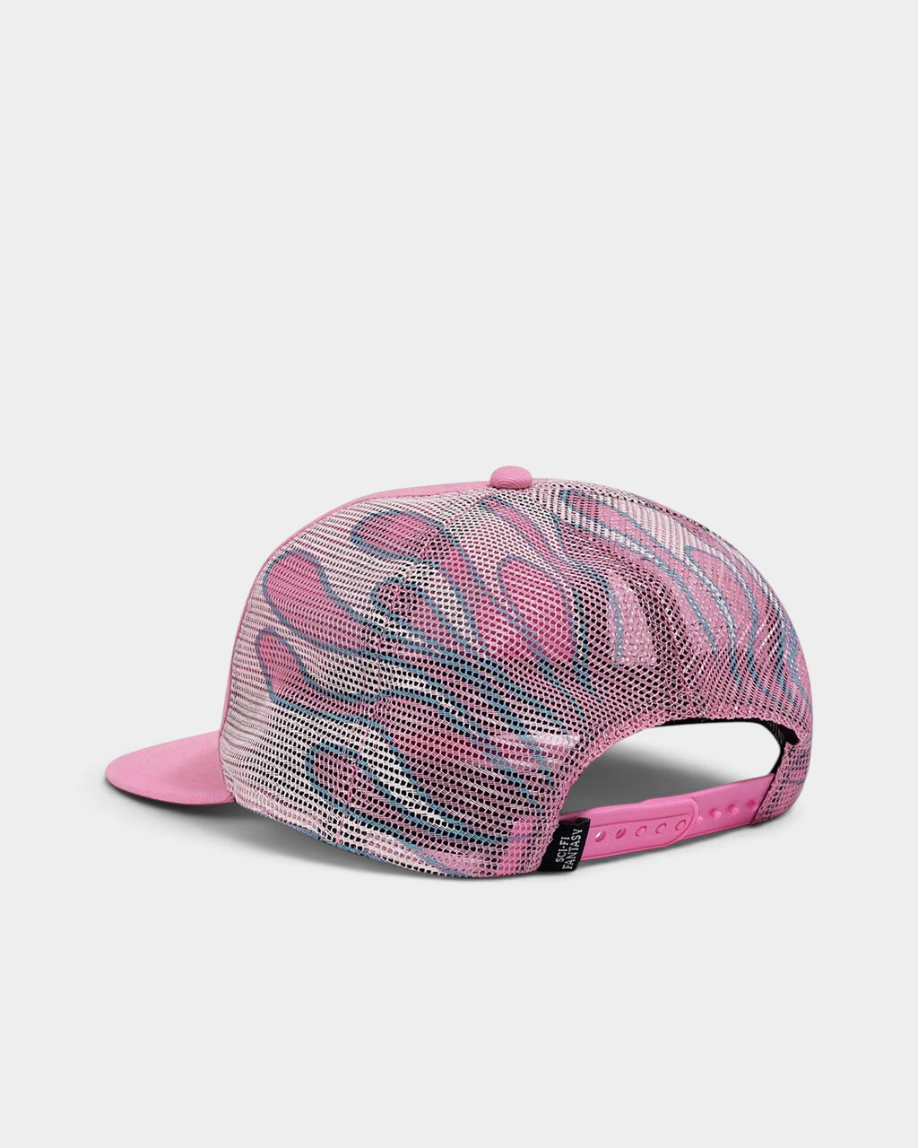 Lockwood Avenue Sci-Fi Fantasy pink trucker hat with mesh back, flame print, and plastic snapback closure
