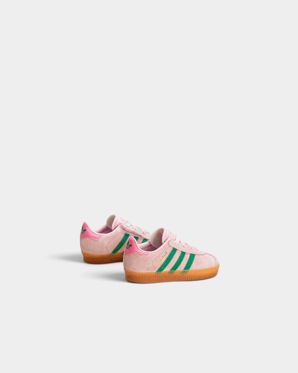 Lockwood Avenue pink suede adidas Gazelle toddler shoes with green stripes and gum rubber outsoles