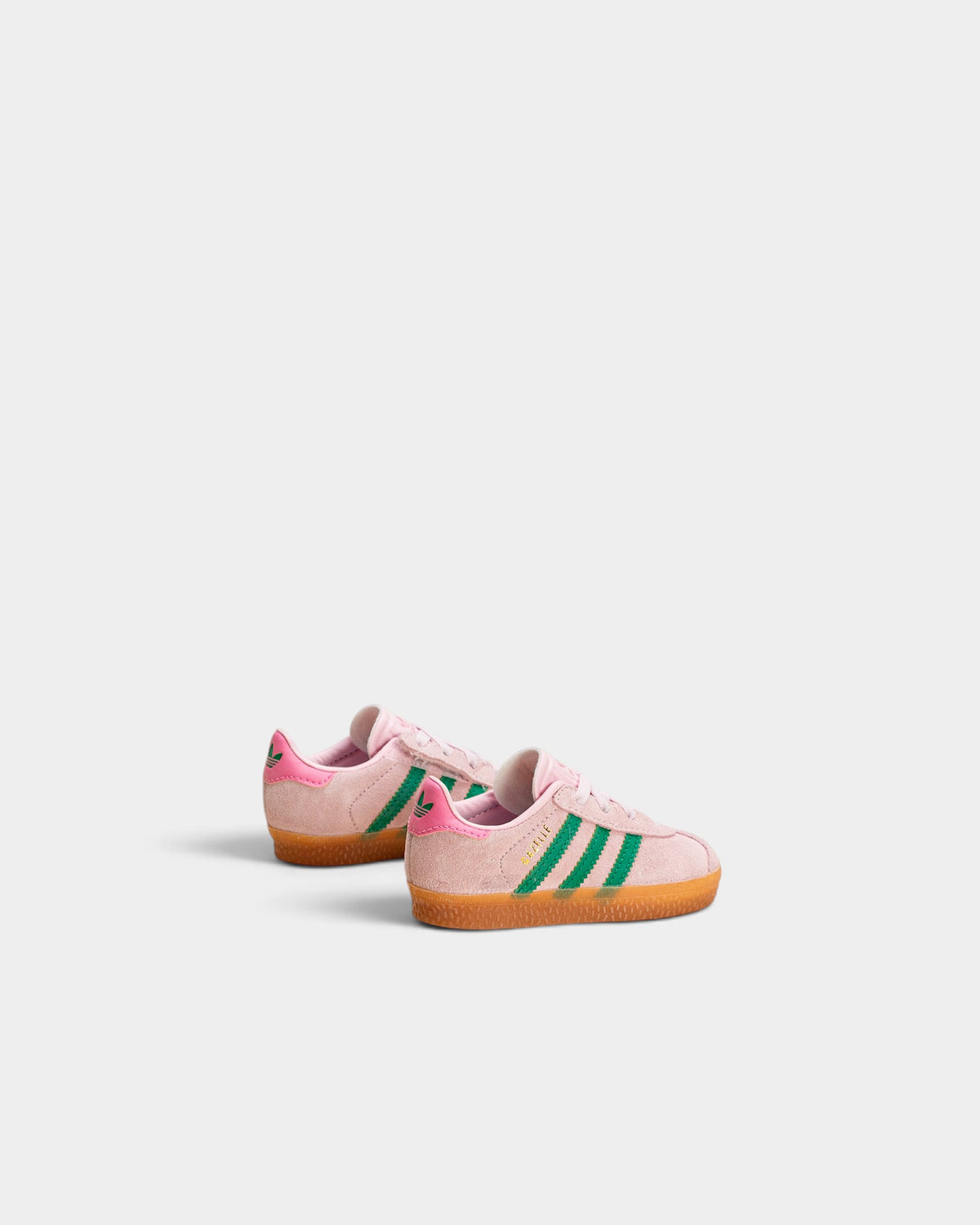 Lockwood Avenue pink suede adidas Gazelle toddler shoes with green stripes and gum rubber outsoles