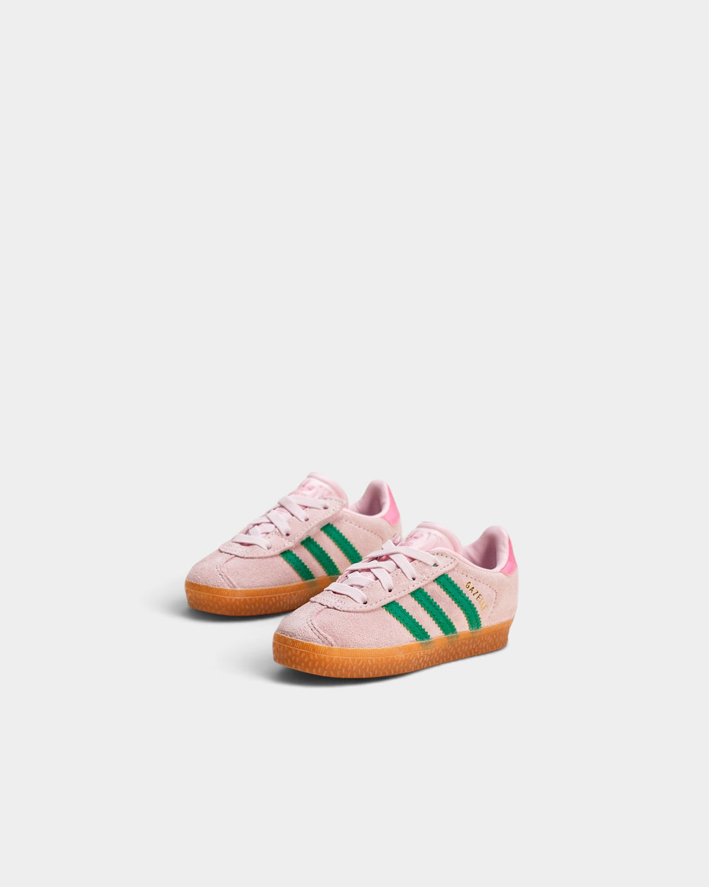 Lockwood Avenue adidas Gazelle toddler shoes in pink suede with green stripes and gum rubber soles.