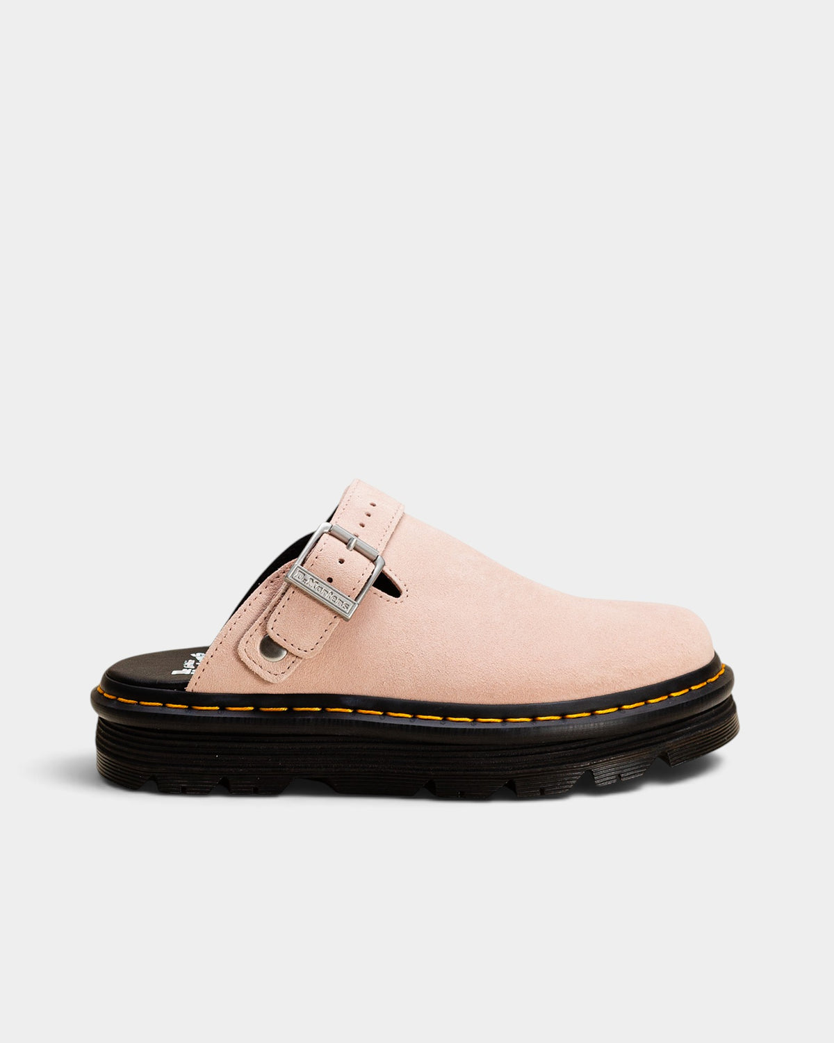 Lockwood Avenue Dr. Martens ZebZag powder pink suede platform mule with adjustable slingback strap and yellow stitching