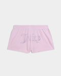 Lockwood Avenue Juicy Couture Tamia light pink velour track shorts with a shimmering rhinestone logo on the back.