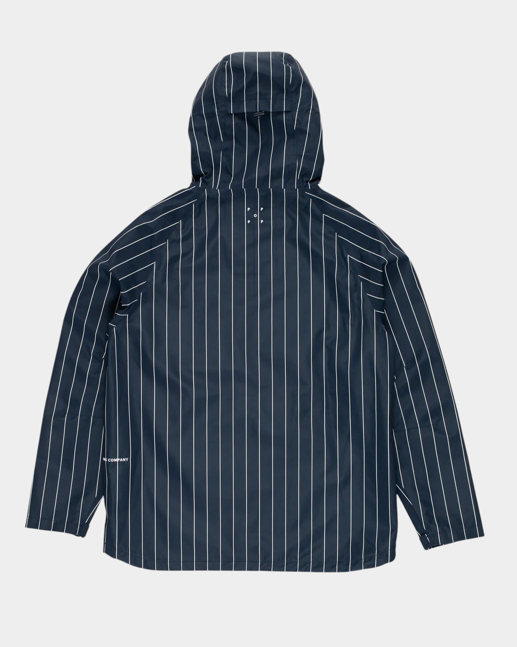 Lockwood Avenue Pop Trading Company pinstripe Oracle jacket in navy blue with back neck logo and hood
