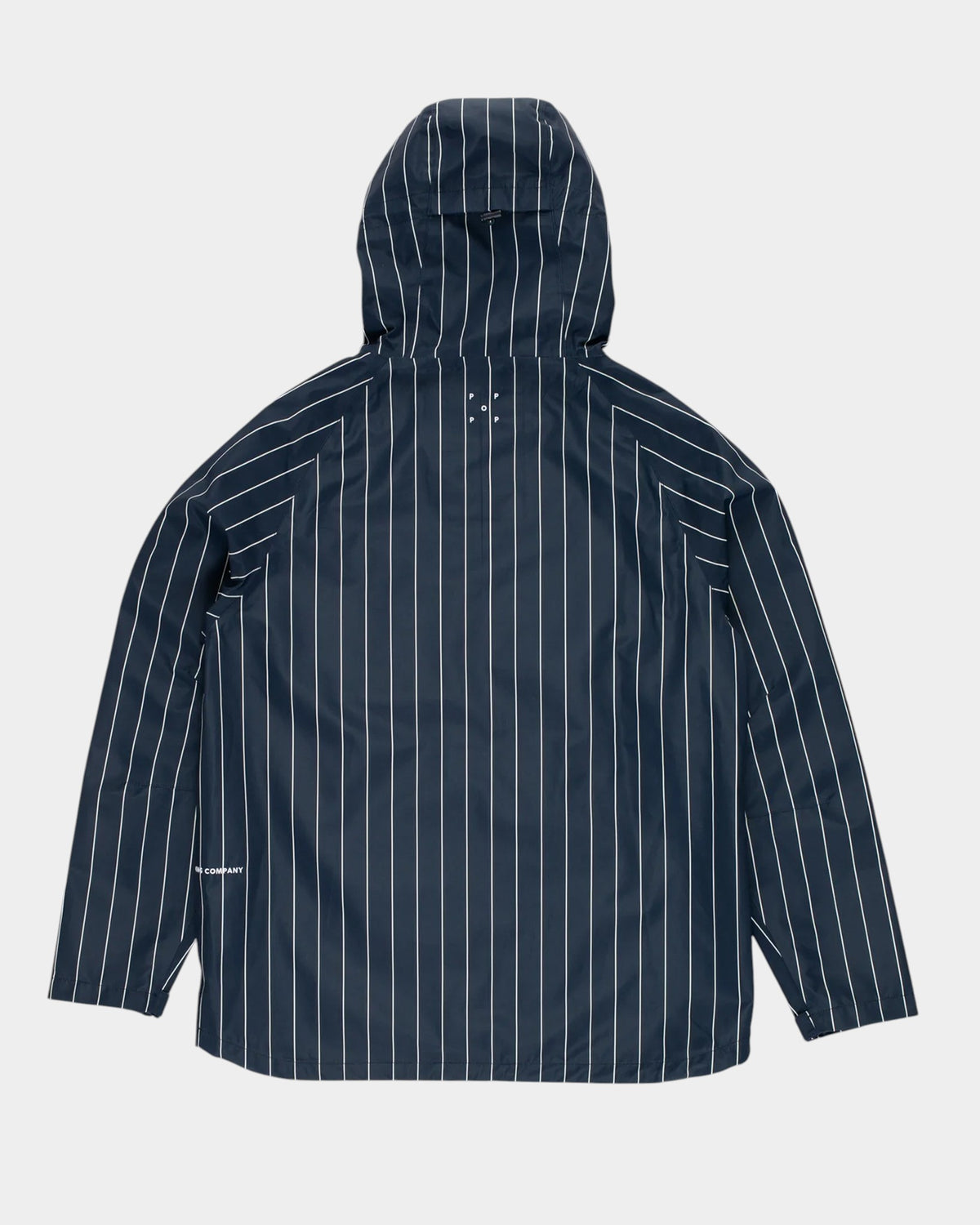 Lockwood Avenue Pop Trading Company pinstripe Oracle jacket in navy blue with back neck logo and hood