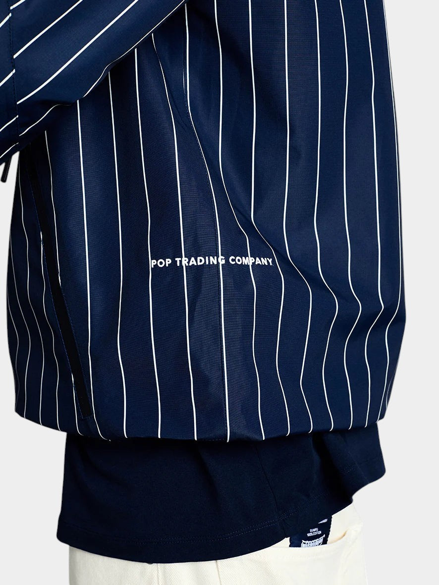 Lockwood Avenue Pop Trading Company pinstripe navy blue waterproof ripstop jacket with white logo detail