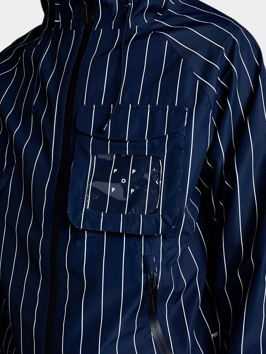 Lockwood Avenue Pop Trading Company navy pinstripe waterproof jacket with a clear window chest pocket