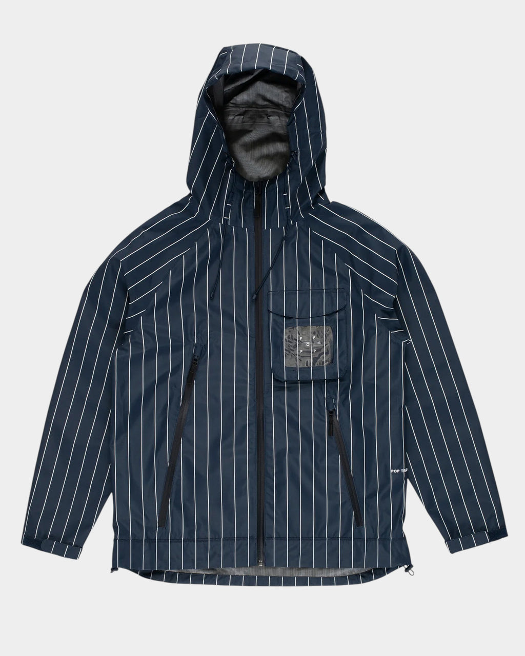 Lockwood Avenue Pop Trading Company navy pinstripe waterproof ripstop jacket with hood and asymmetric zip pockets