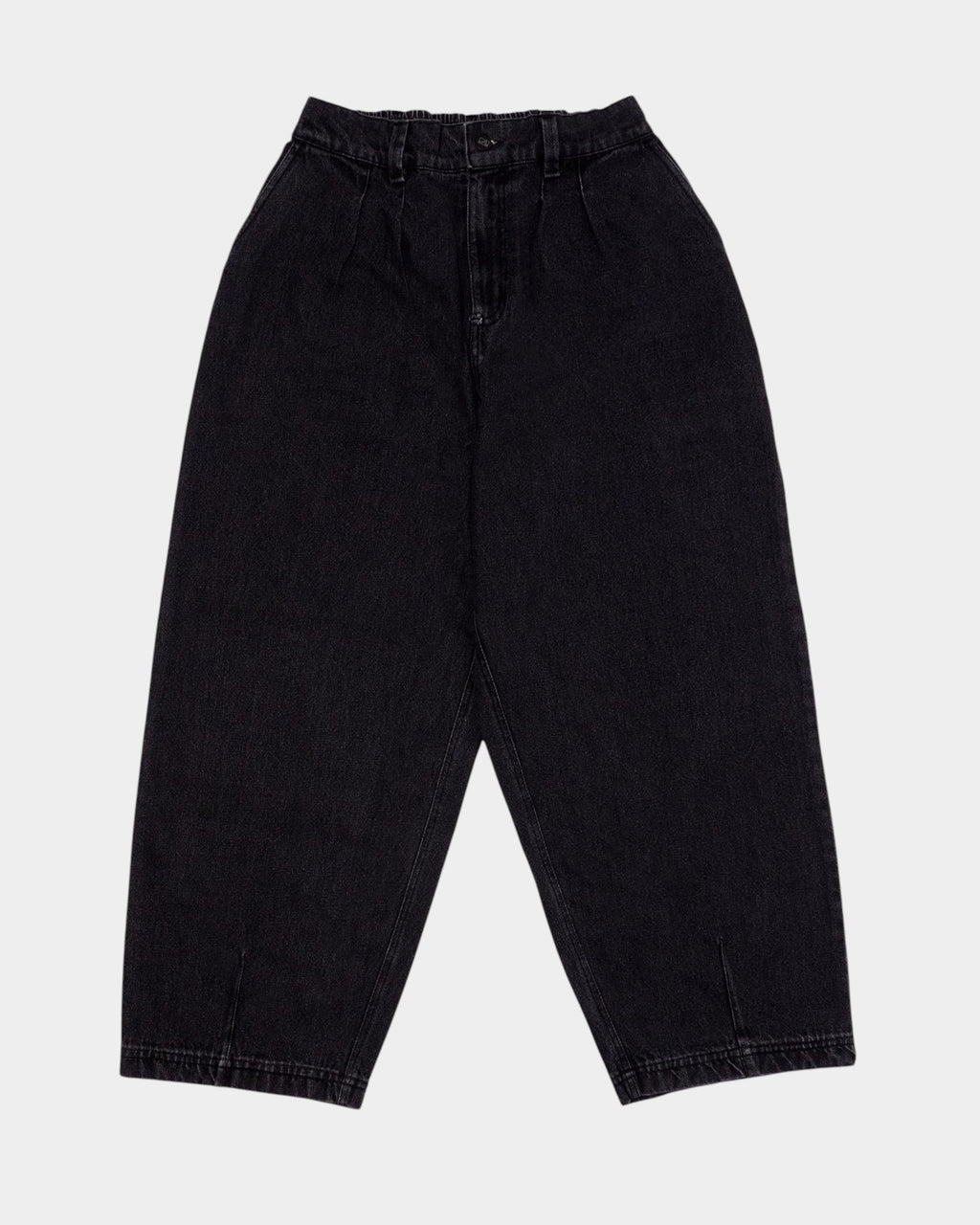Lockwood Avenue Poetic Collective balloon-leg jeans in washed black cotton denim with pleated waist and elastic band.