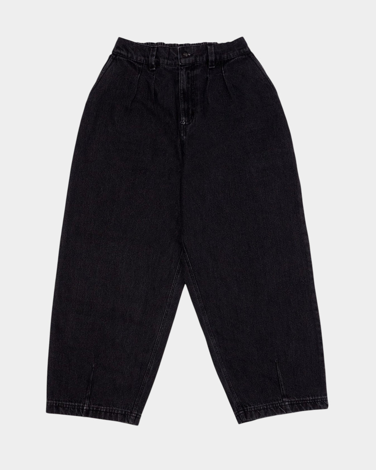 Lockwood Avenue Poetic Collective balloon-leg jeans in washed black cotton denim with pleated waist and elastic band.