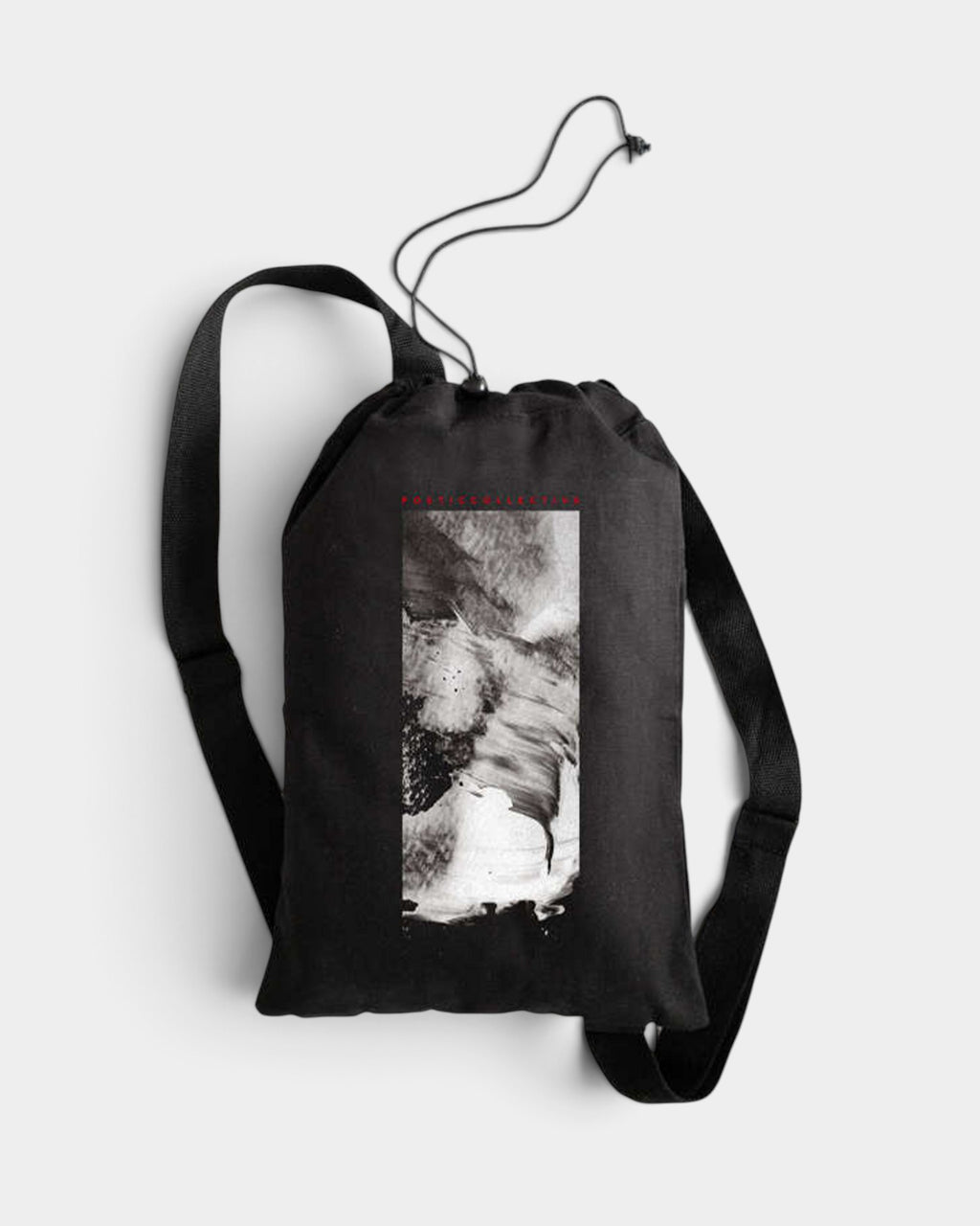 Lockwood Avenue Poetic Collective black cotton canvas daypack with abstract white graphic and drawstring closure