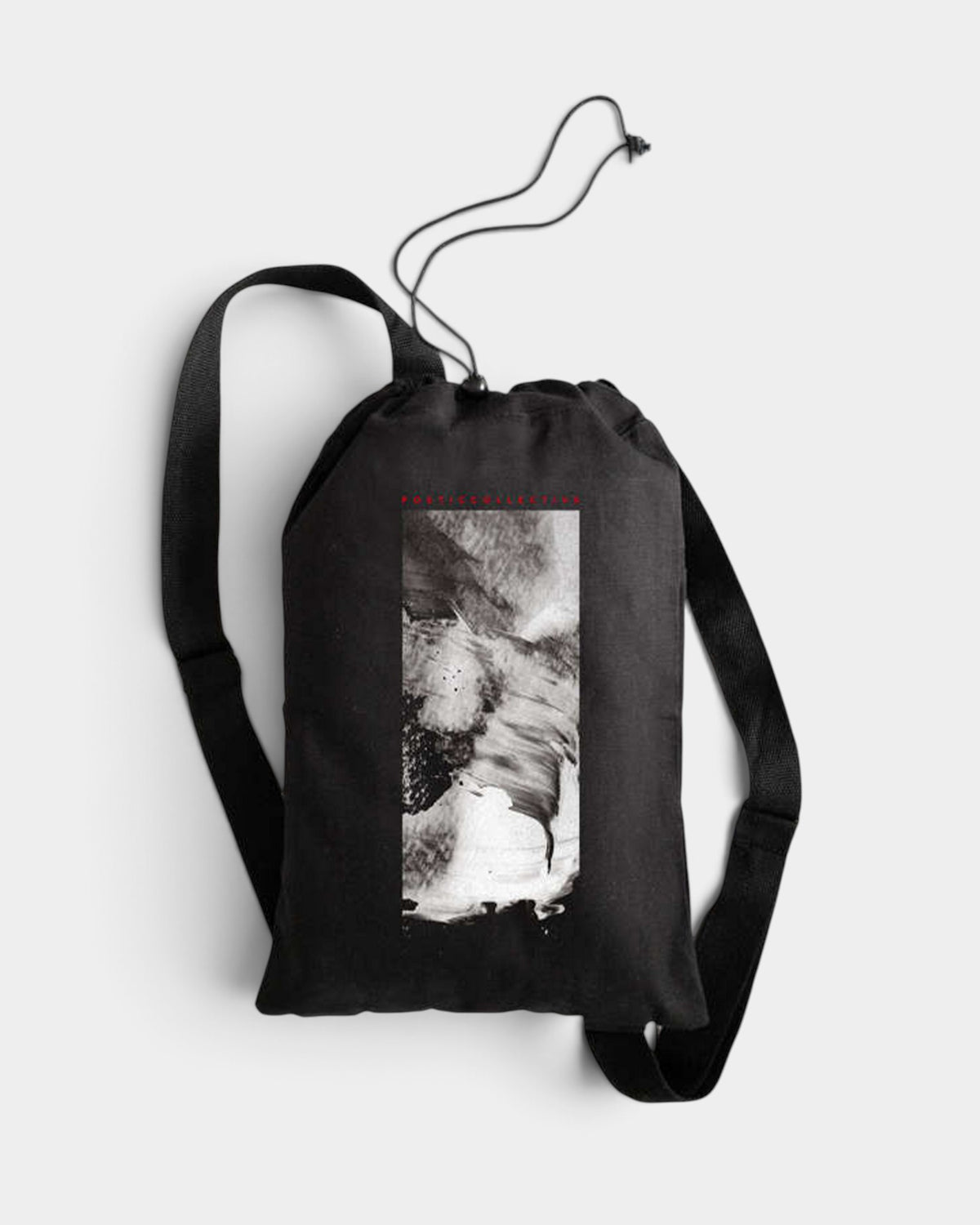 Lockwood Avenue Poetic Collective black cotton canvas daypack with abstract white graphic and drawstring closure
